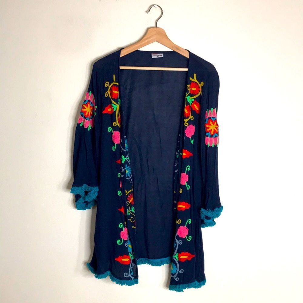 Shoreline ladies lightweight embroidered floral open cardigan size s/m festival